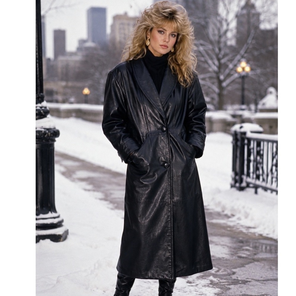 Y2k 80's Whimsigoth Emo Coat  Black Leather Long Trench Sz S Jacqueline Ferrar